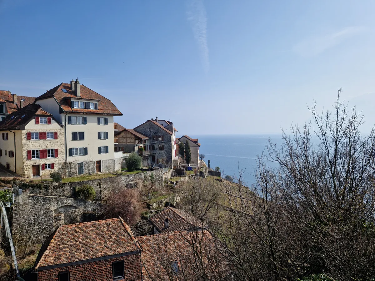 Der Aussichtspunkt in Saint-Saphorin ist eine echte Überraschung. Man sieht einen Aussichtspunkt in den Weinreben in Saint-Saphorin.
